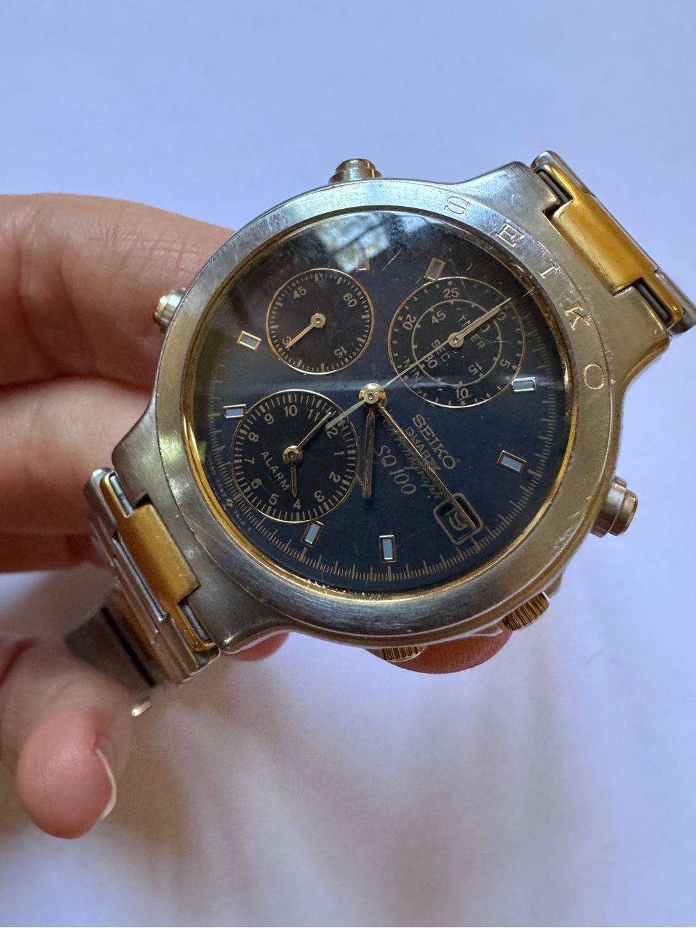 Seiko SQ100 Two-Tone Gold and Silver Blue Dial Chronograph